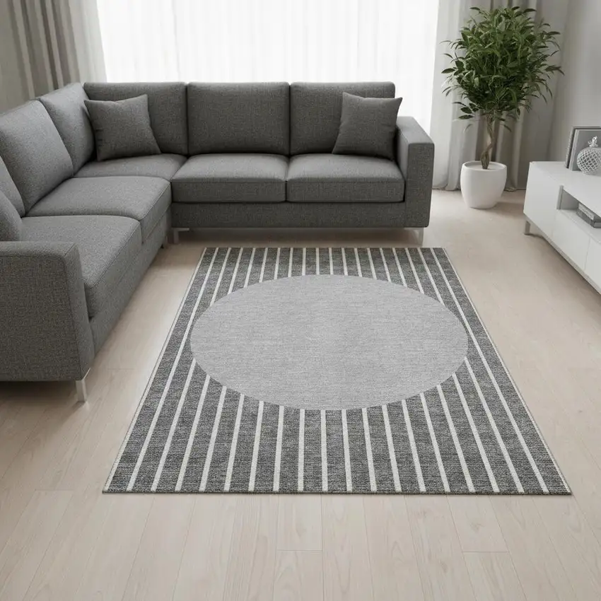 Gray Ivory And Silver Striped Washable Area Rug With UV Protection Photo 2