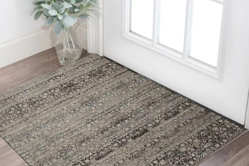 Gray Ivory And Tan Abstract Distressed Area Rug With Fringe Photo 1