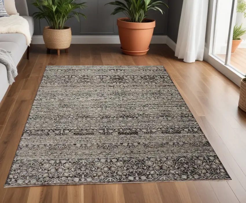 Gray Ivory And Tan Abstract Distressed Area Rug With Fringe Photo 1