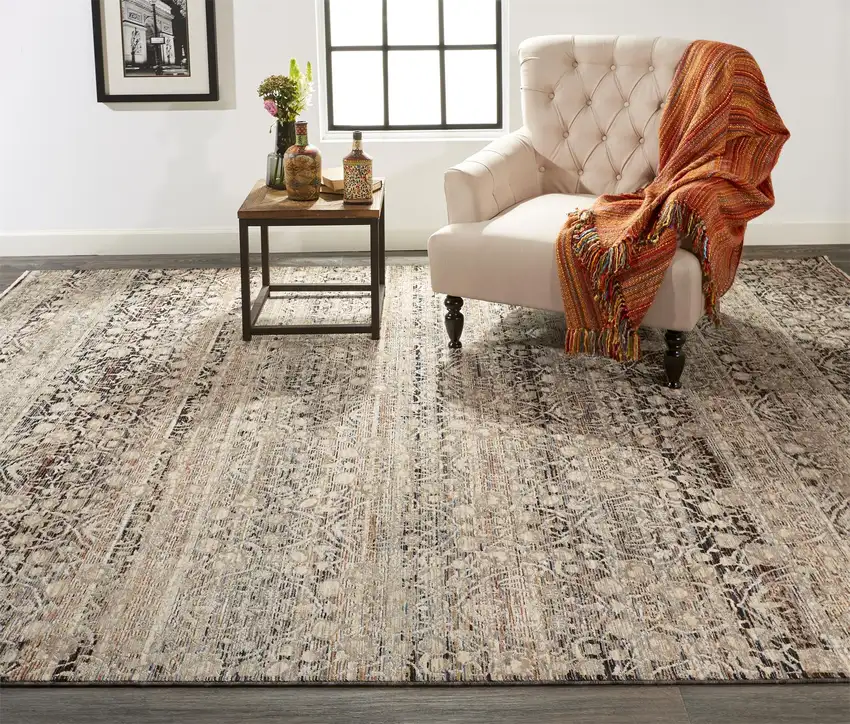 Gray Ivory And Tan Abstract Distressed Area Rug With Fringe Photo 7