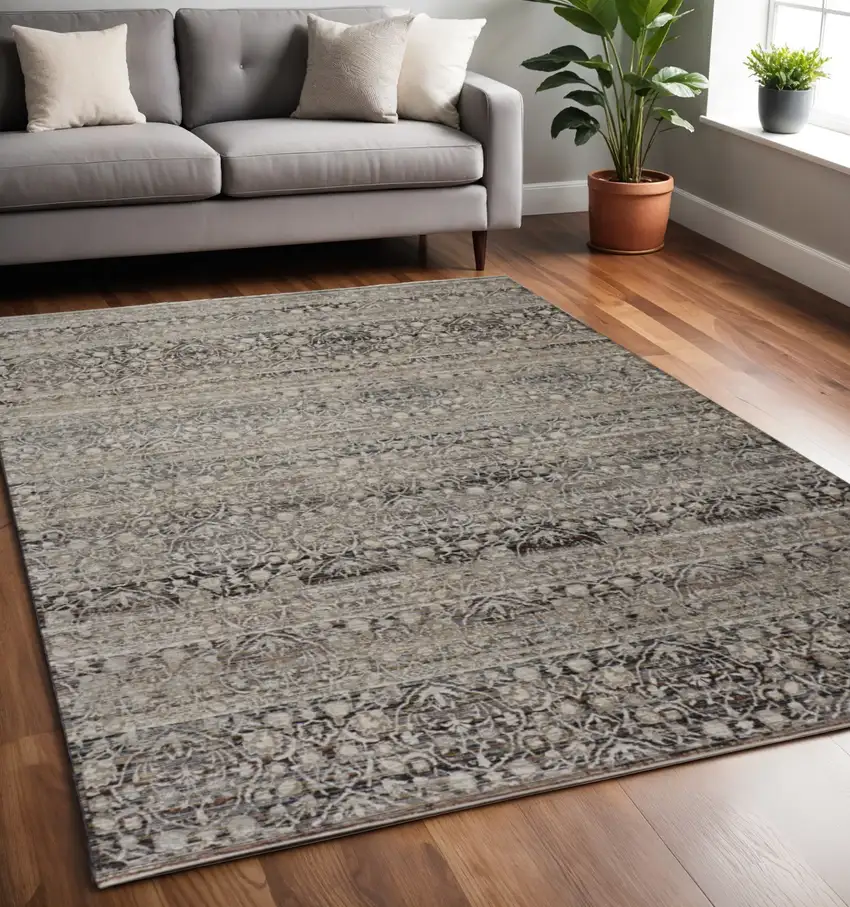 Gray and Ivory Abstract Distressed Area Rug With Fringe Photo 1