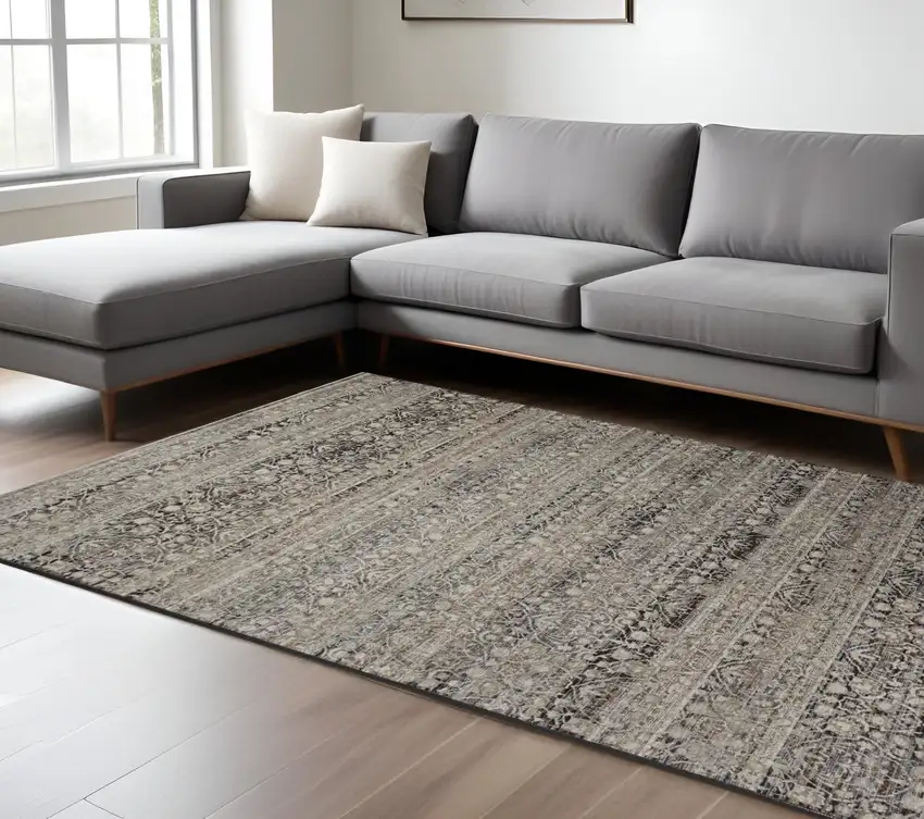 Gray Ivory And Tan Abstract Distressed Area Rug With Fringe Photo 1