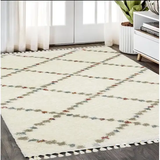 Gray Ivory And Tan Diamond Shag Area Rug With Fringe Photo 1