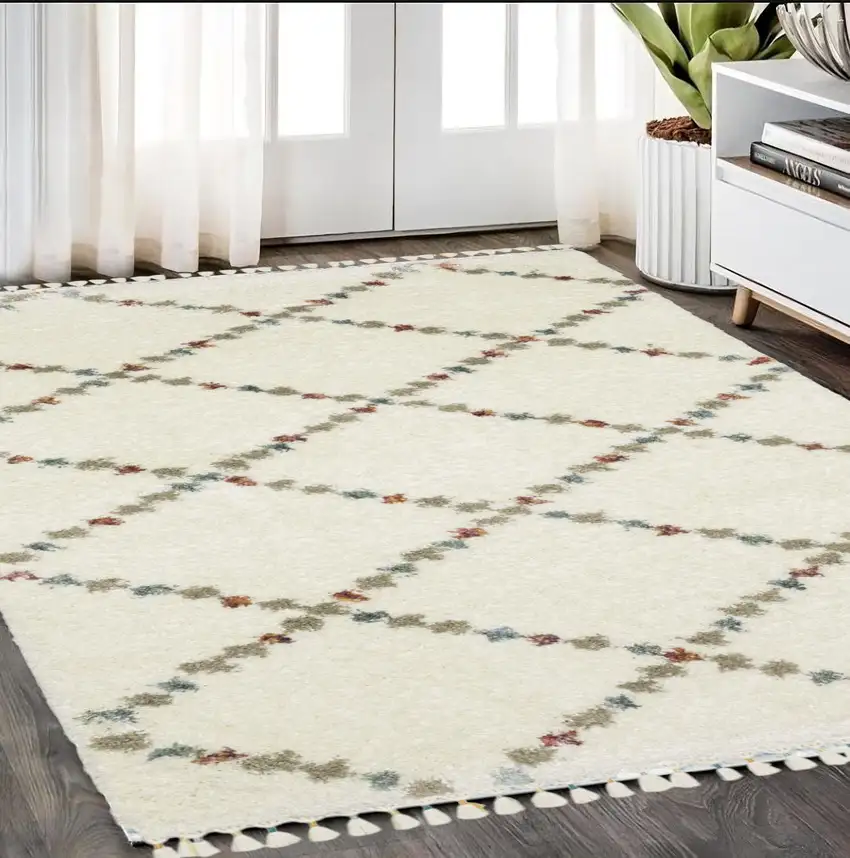 Gray Ivory And Tan Diamond Shag Area Rug With Fringe Photo 1