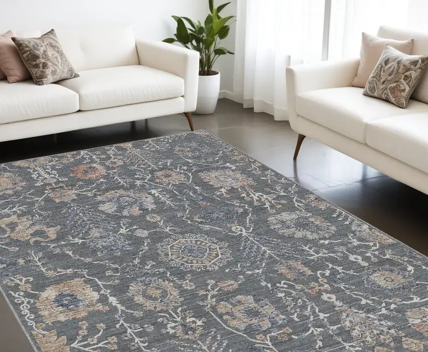 Gray and Ivory Floral Power Loom Area Rug Photo 1