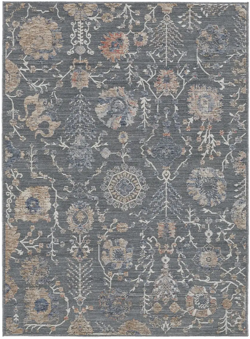 Gray Ivory And Tan Floral Power Loom Area Rug Photo 1