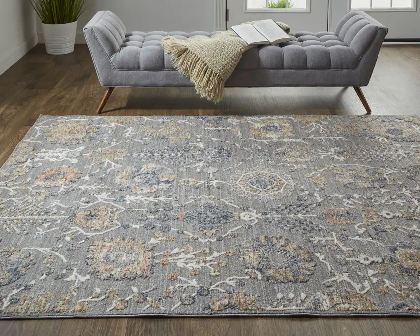 Gray Ivory And Tan Floral Power Loom Area Rug Photo 8