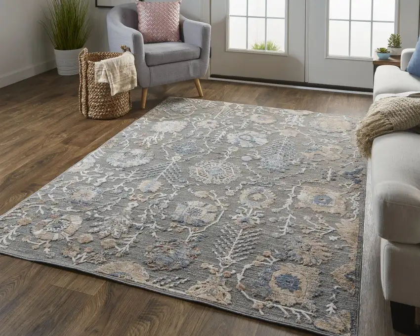 Gray Ivory And Tan Floral Power Loom Area Rug Photo 6