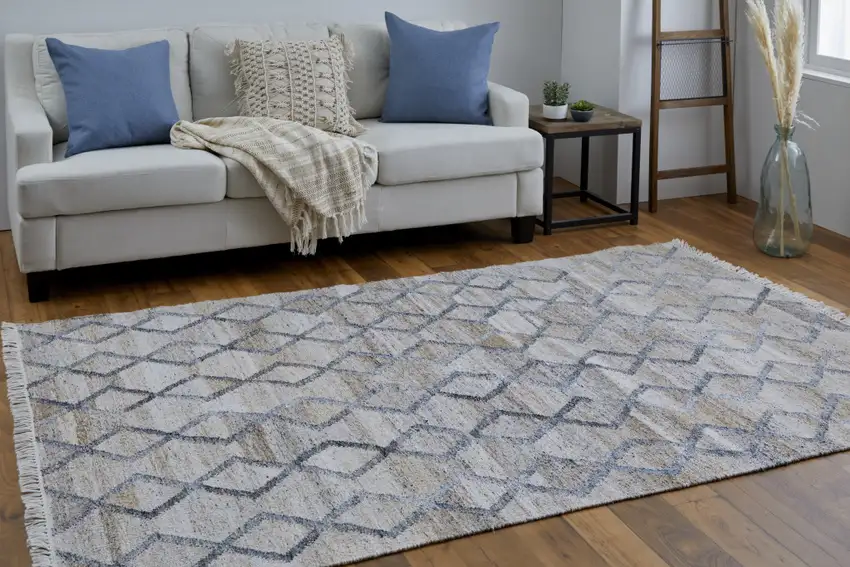 Gray Ivory And Tan Geometric Hand Woven Stain Resistant Area Rug With Fringe Photo 1