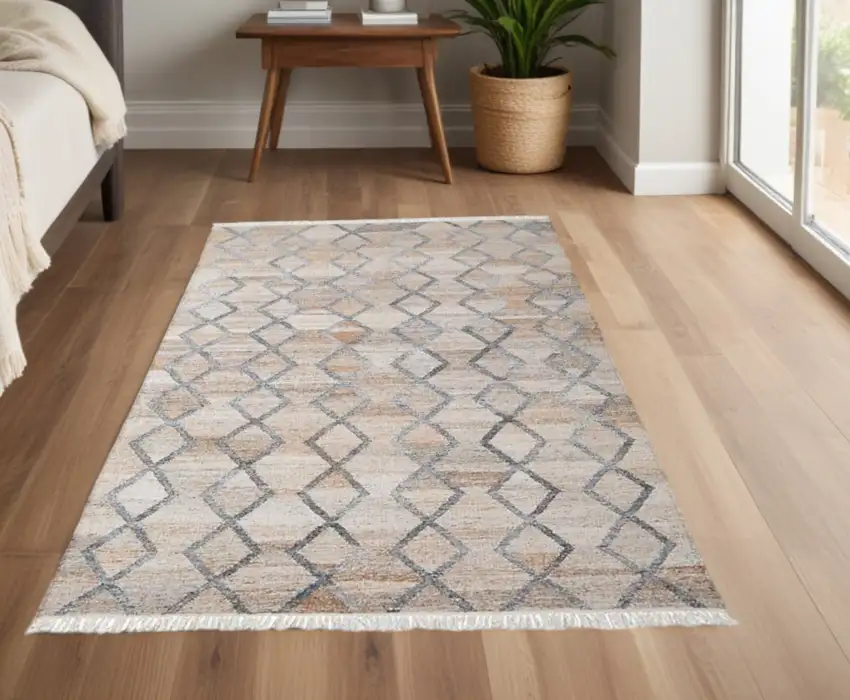 Gray Ivory And Tan Geometric Hand Woven Stain Resistant Area Rug With Fringe Photo 2