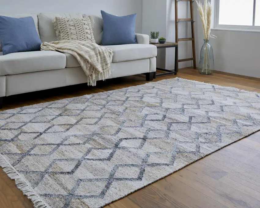 Gray and Ivory Geometric Hand Woven Area Rug With Fringe Photo 5