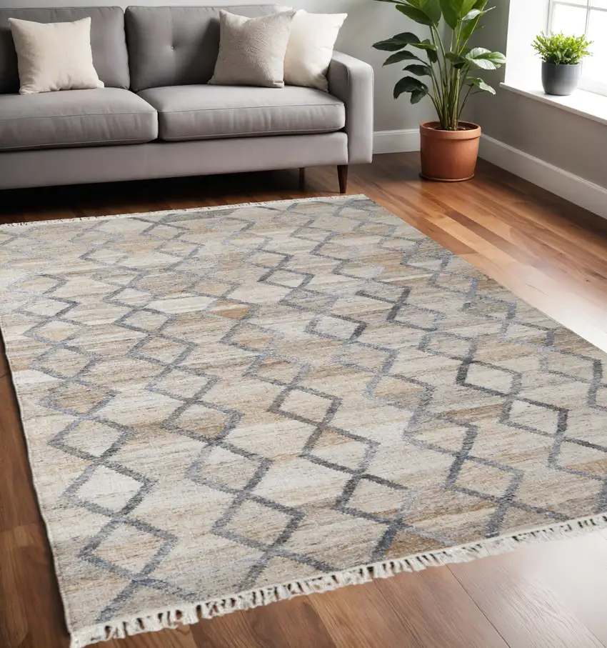 Gray and Ivory Geometric Hand Woven Area Rug With Fringe Photo 1