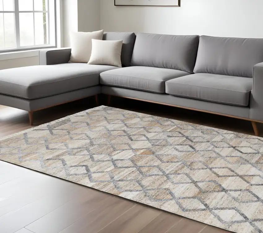 Gray and Ivory Geometric Hand Woven Area Rug With Fringe Photo 1