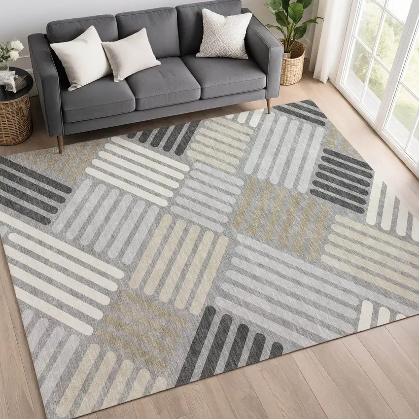 Gray Ivory And Tan Geometric Washable Indoor Outdoor Area Rug Photo 9