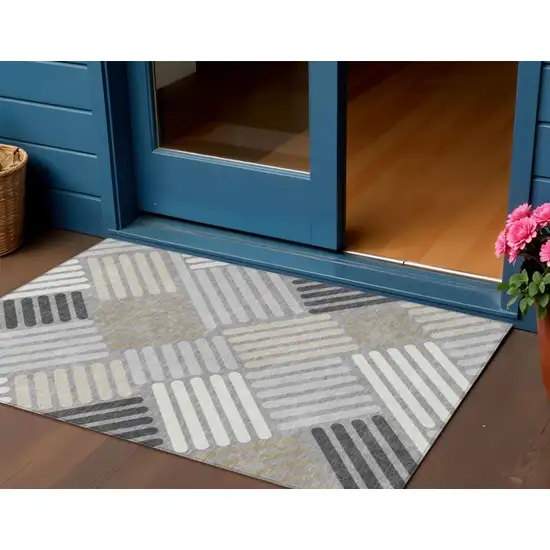 Gray Ivory And Tan Geometric Washable Indoor Outdoor Area Rug Photo 1