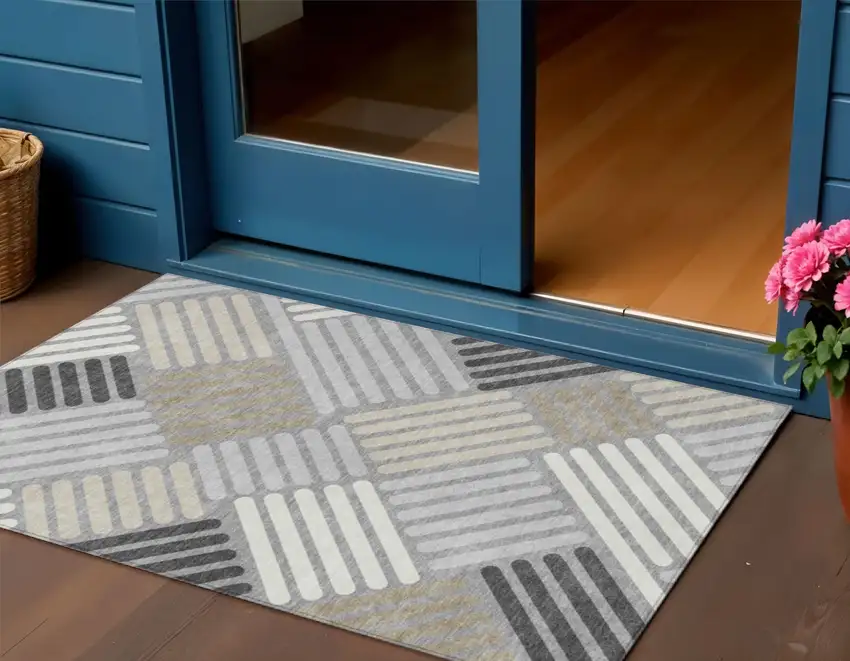 Gray Ivory And Tan Geometric Washable Indoor Outdoor Area Rug Photo 1