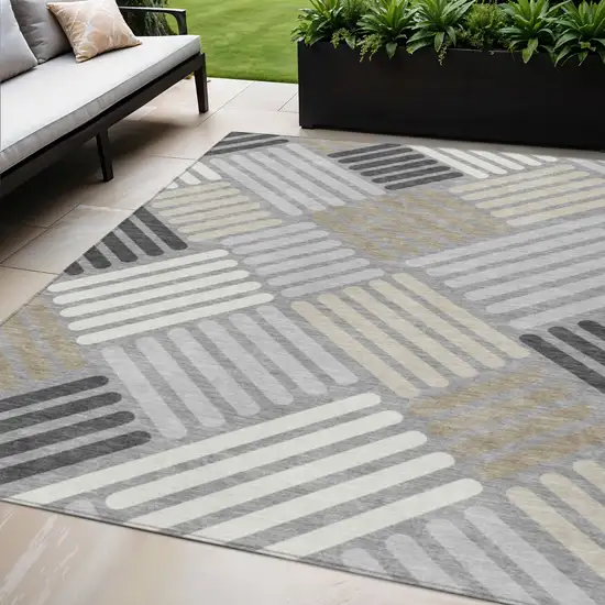 Gray Ivory And Tan Geometric Washable Indoor Outdoor Area Rug Photo 1
