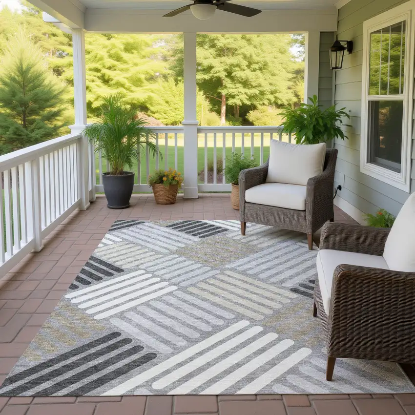 Gray Ivory And Tan Geometric Washable Indoor Outdoor Area Rug Photo 9