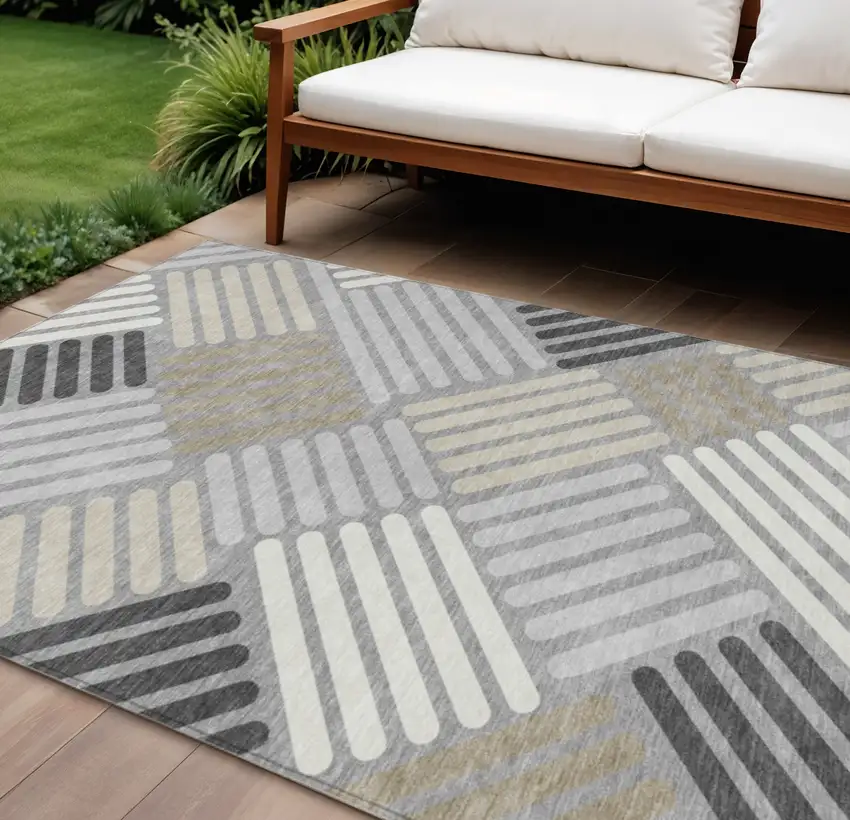 Gray Ivory And Tan Geometric Washable Indoor Outdoor Area Rug Photo 1