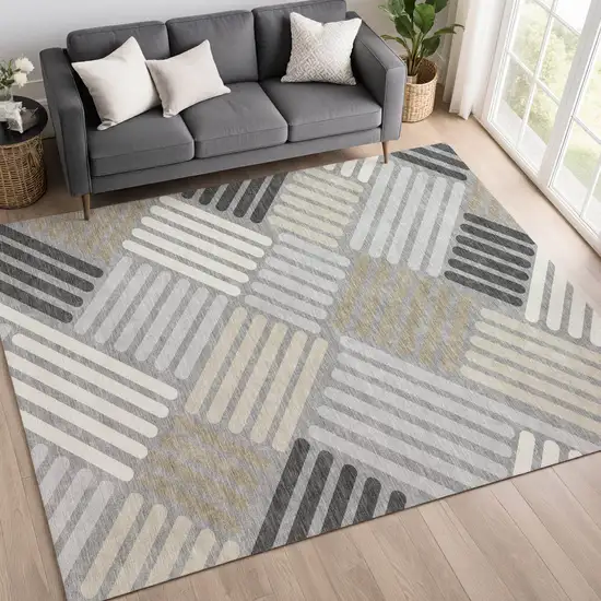 Gray Ivory And Tan Geometric Washable Indoor Outdoor Area Rug Photo 9