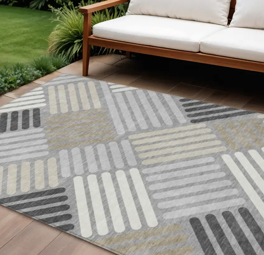 Gray Ivory And Tan Geometric Washable Indoor Outdoor Area Rug Photo 1