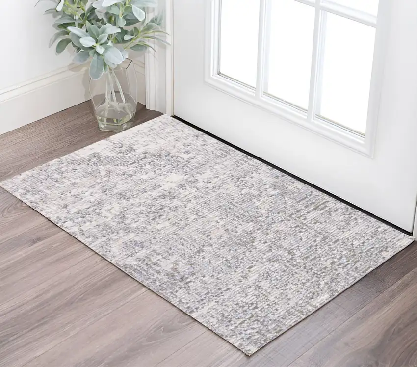 Gray Ivory And Taupe Abstract Distressed Area Rug With Fringe Photo 2