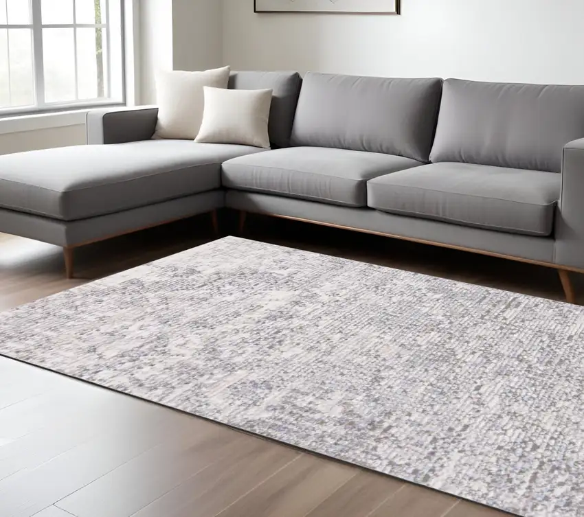 Gray Ivory And Taupe Abstract Distressed Area Rug With Fringe Photo 2