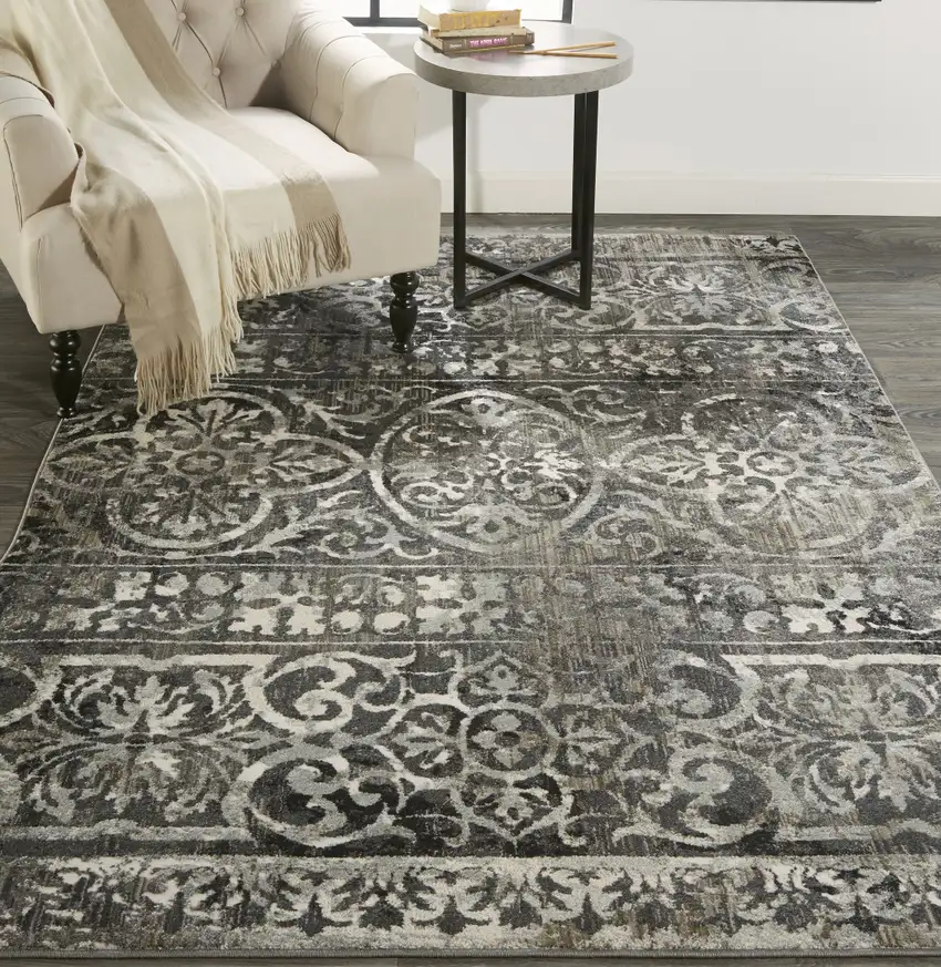 Gray and Ivory Oriental Distressed Area Rug Photo 8