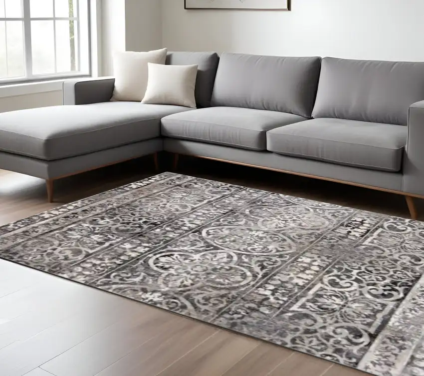 Gray and Ivory Oriental Distressed Area Rug Photo 1