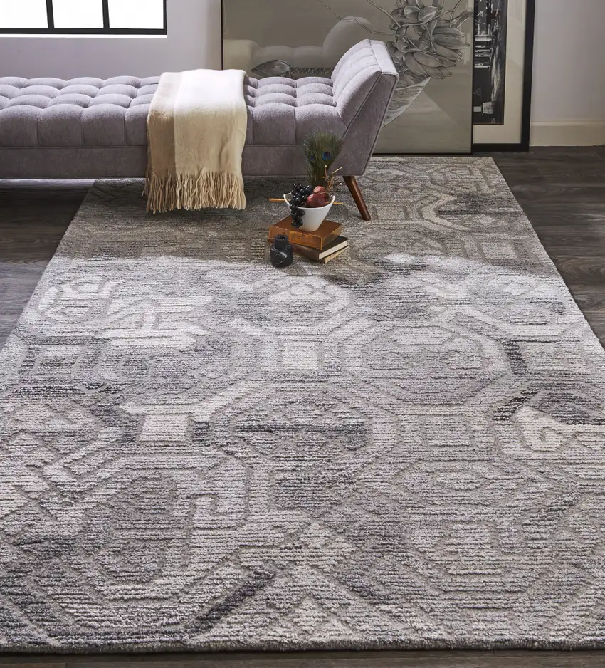 Gray Ivory And Taupe Wool Abstract Tufted Handmade Area Rug Photo 6