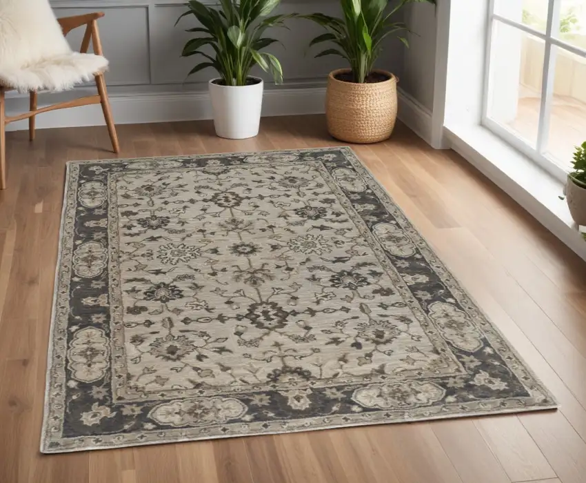Gray and Ivory Wool Floral Hand Tufted Area Rug Photo 1