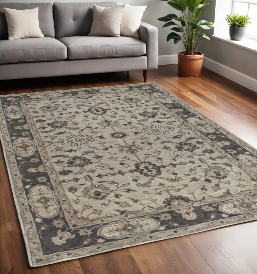 Gray and Ivory Wool Floral Hand Tufted Area Rug Photo 1