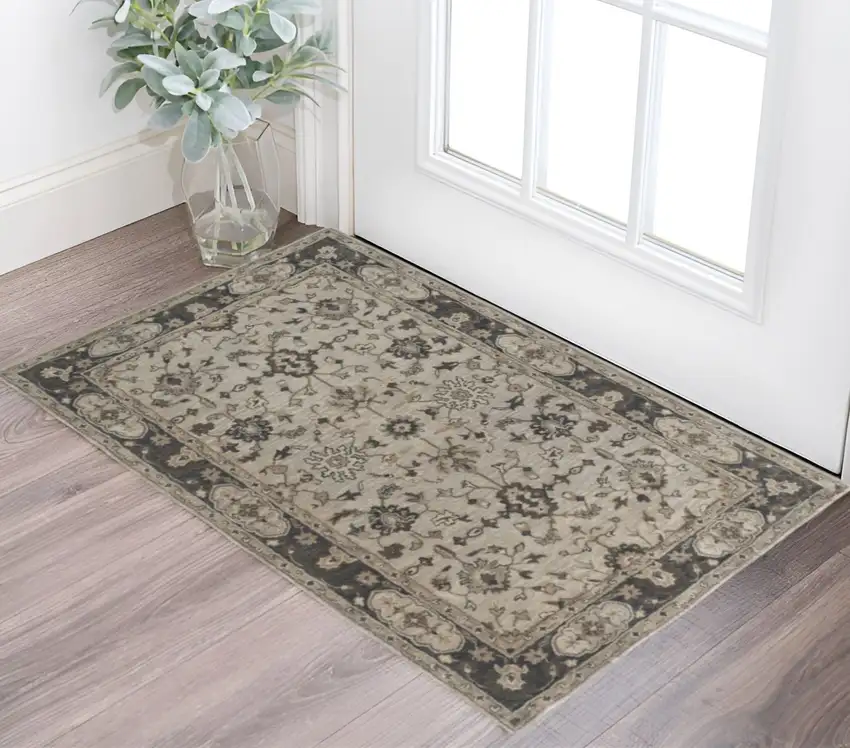 Gray Ivory And Taupe Wool Floral Tufted Handmade Stain Resistant Area Rug Photo 1