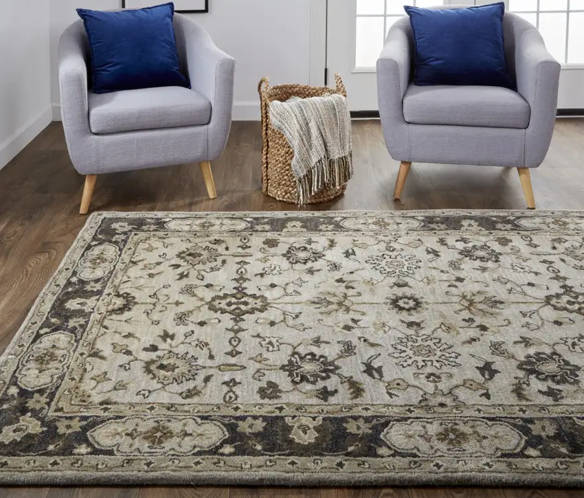 Gray Ivory And Taupe Wool Floral Tufted Handmade Stain Resistant Area Rug Photo 7
