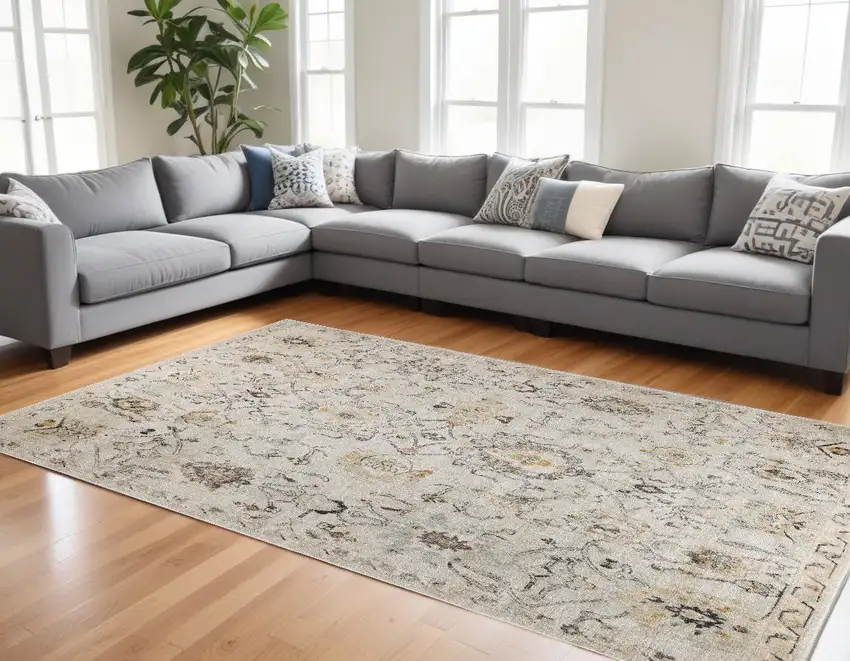 Gray Ivory And Yellow Floral Distressed Area Rug Photo 1