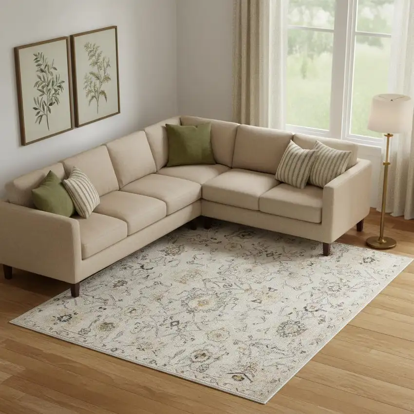 Gray Ivory And Yellow Floral Distressed Area Rug Photo 1