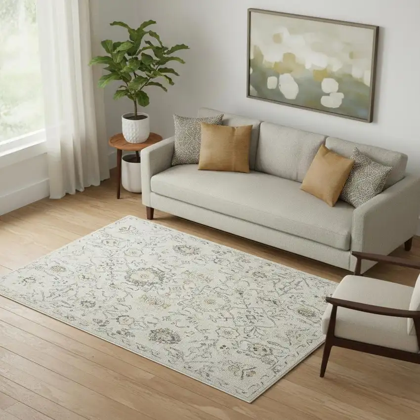 Gray Ivory And Yellow Floral Distressed Area Rug Photo 1