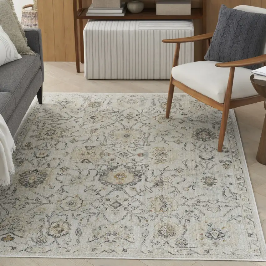 Gray Ivory And Yellow Floral Distressed Area Rug Photo 5