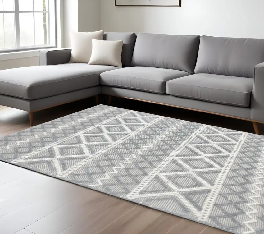 Gray and Ivory Geometric Handmade Area Rug Photo 2