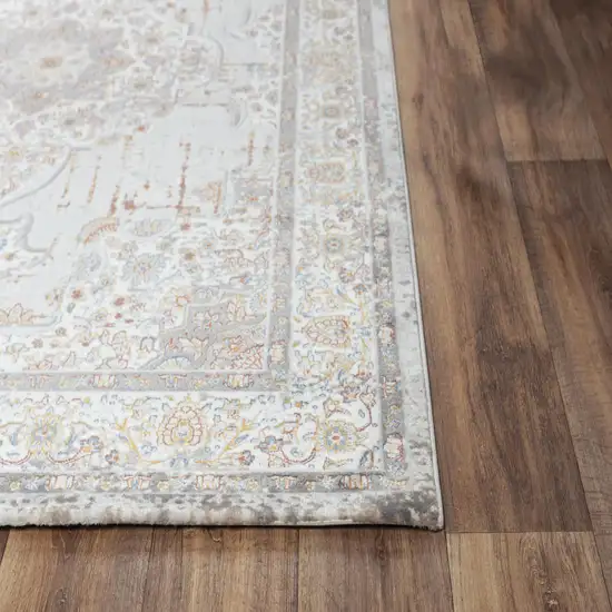 Gray Ivory Red Orange And Blue Medallion Area Rug Photo 3