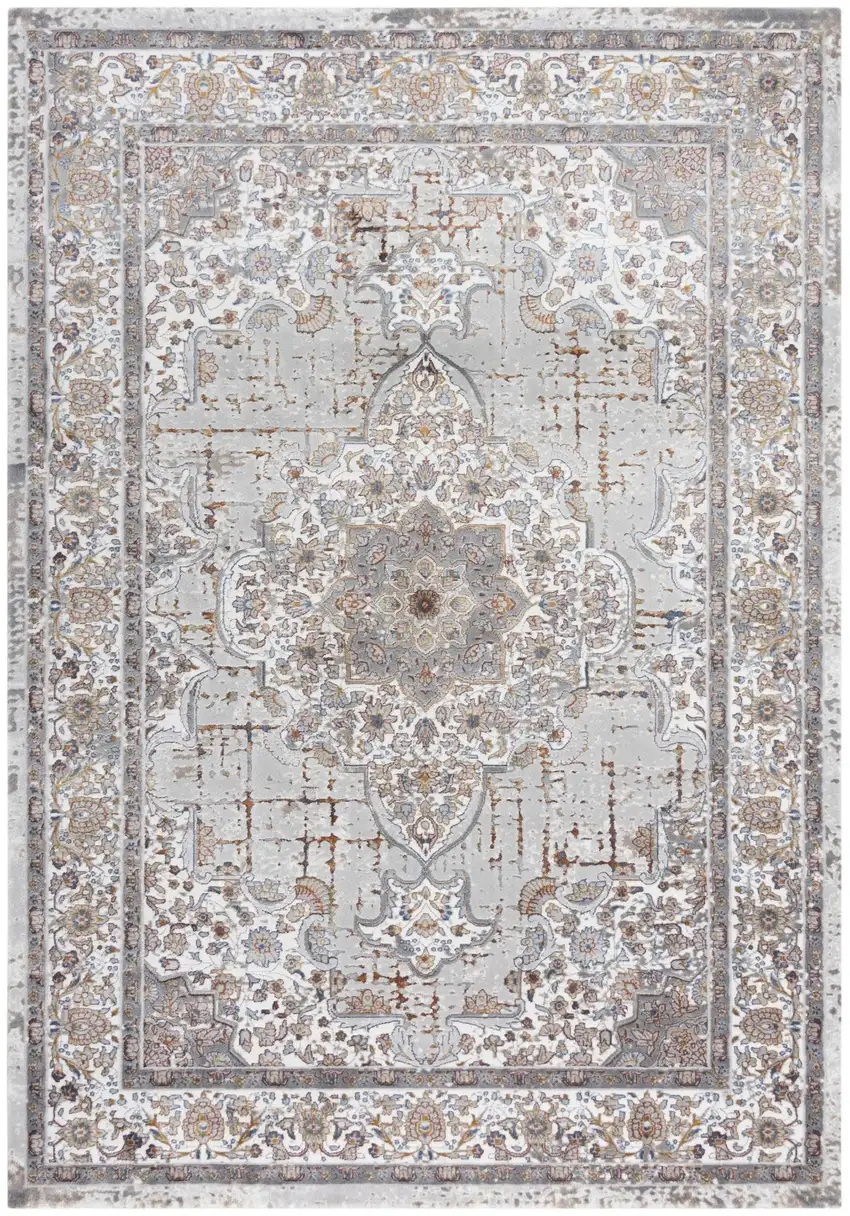 Gray Ivory Red Orange And Blue Medallion Area Rug Photo 2