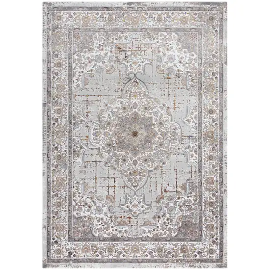 Gray Ivory Red Orange And Blue Medallion Area Rug Photo 2