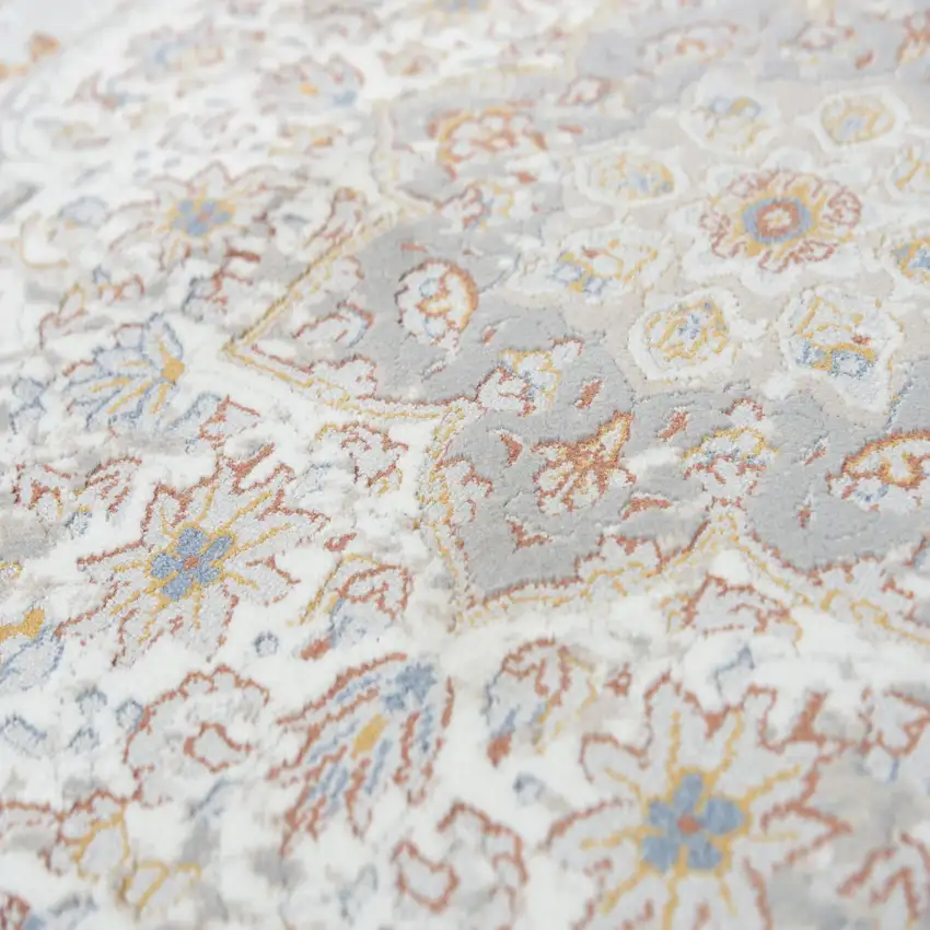Gray Ivory Red Orange And Blue Medallion Area Rug Photo 4