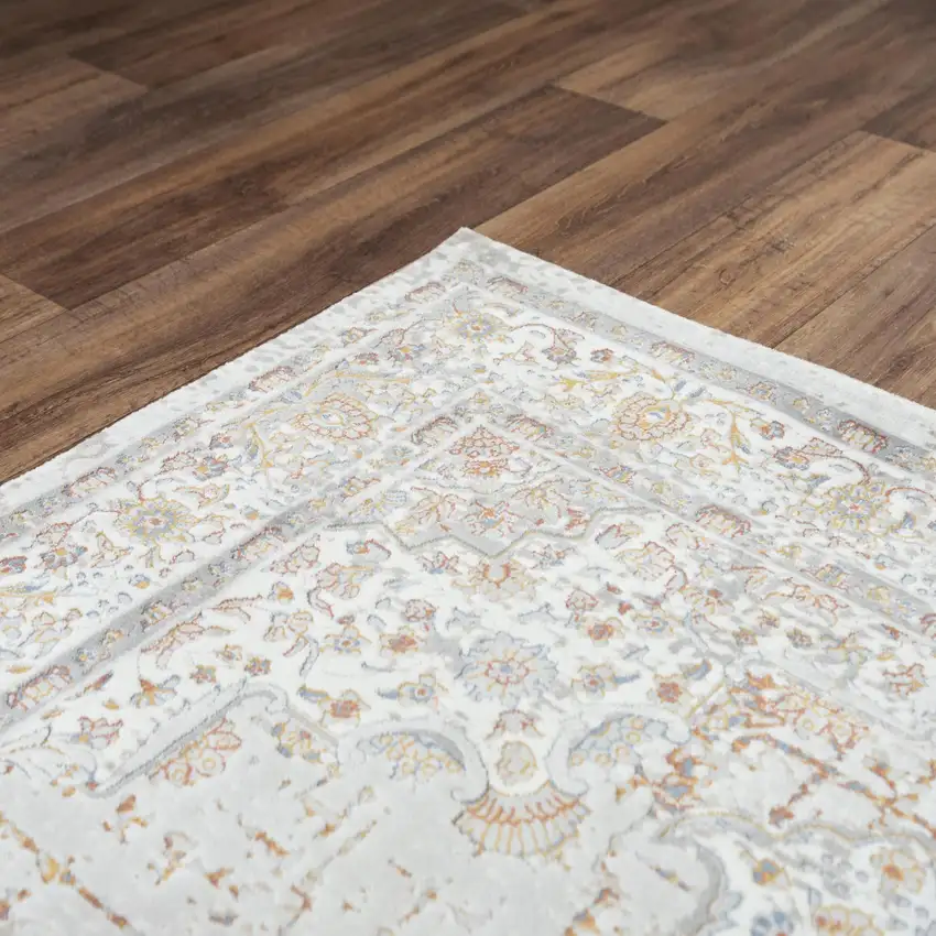 Gray Ivory Red Orange And Blue Medallion Area Rug Photo 1