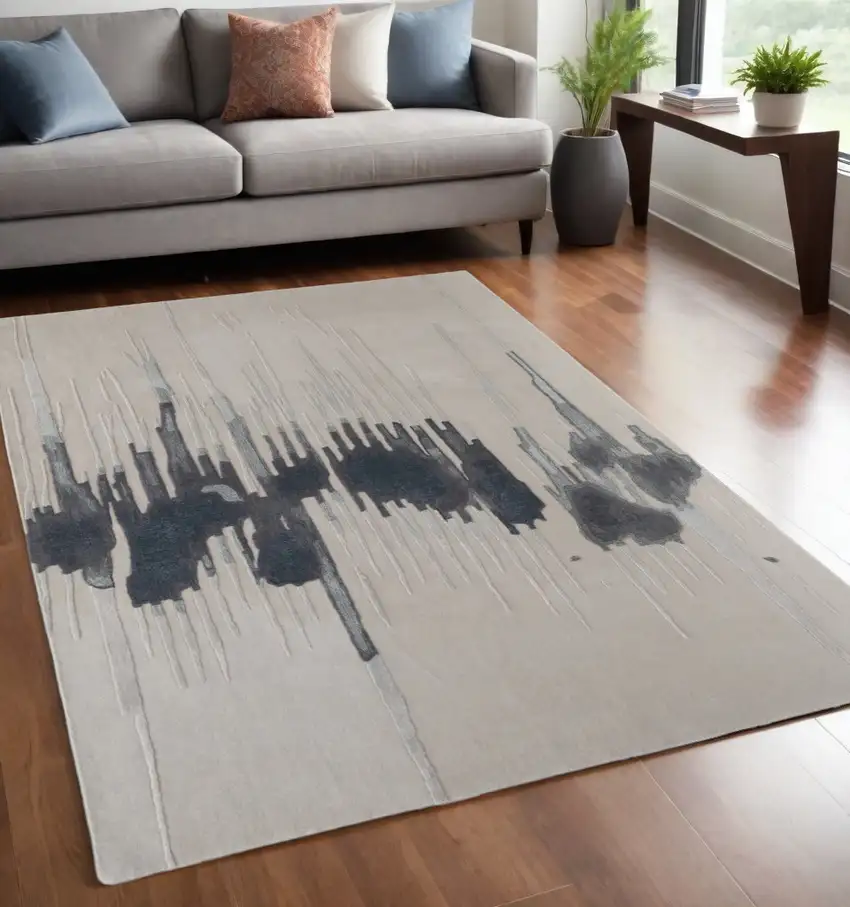 Gray Ivory and Blue Abstract Hand Tufted Area Rug Photo 1