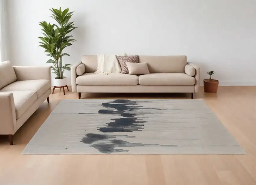 Gray Ivory and Blue Abstract Hand Tufted Area Rug Photo 1