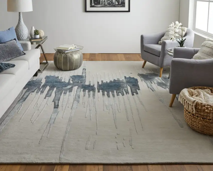 Gray Ivory and Blue Abstract Hand Tufted Area Rug Photo 7