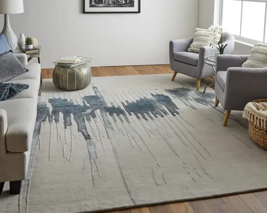 Gray Ivory and Blue Abstract Hand Tufted Area Rug Photo 6