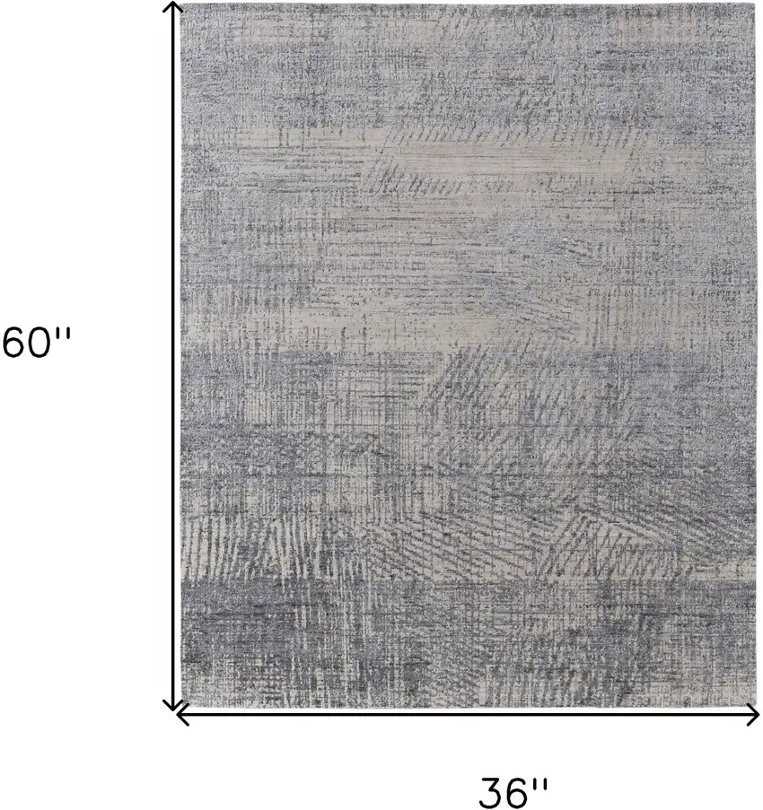 Gray Ivory and Blue Abstract Hand Woven Worn Faded Area Rug Photo 3