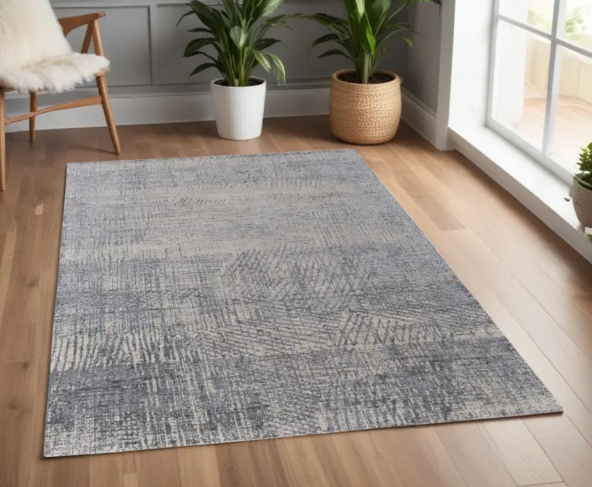 Gray Ivory and Blue Abstract Hand Woven Worn Faded Area Rug Photo 1